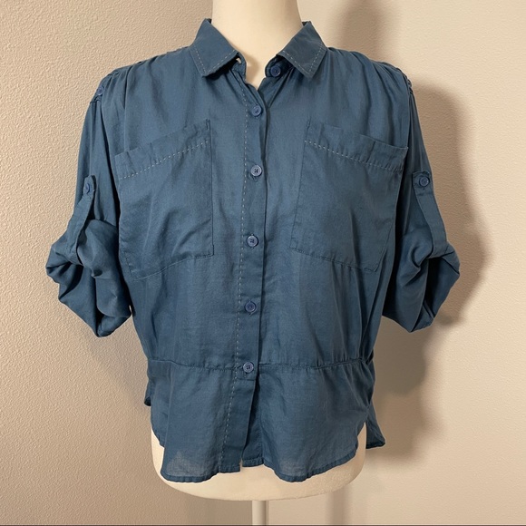 [LEVI’S] TEAL/TURQUOISE BLUE CROPPED BUTTON-DOWN 3/4 ROLL-UP SLEEVE SHIRT - Picture 1 of 7